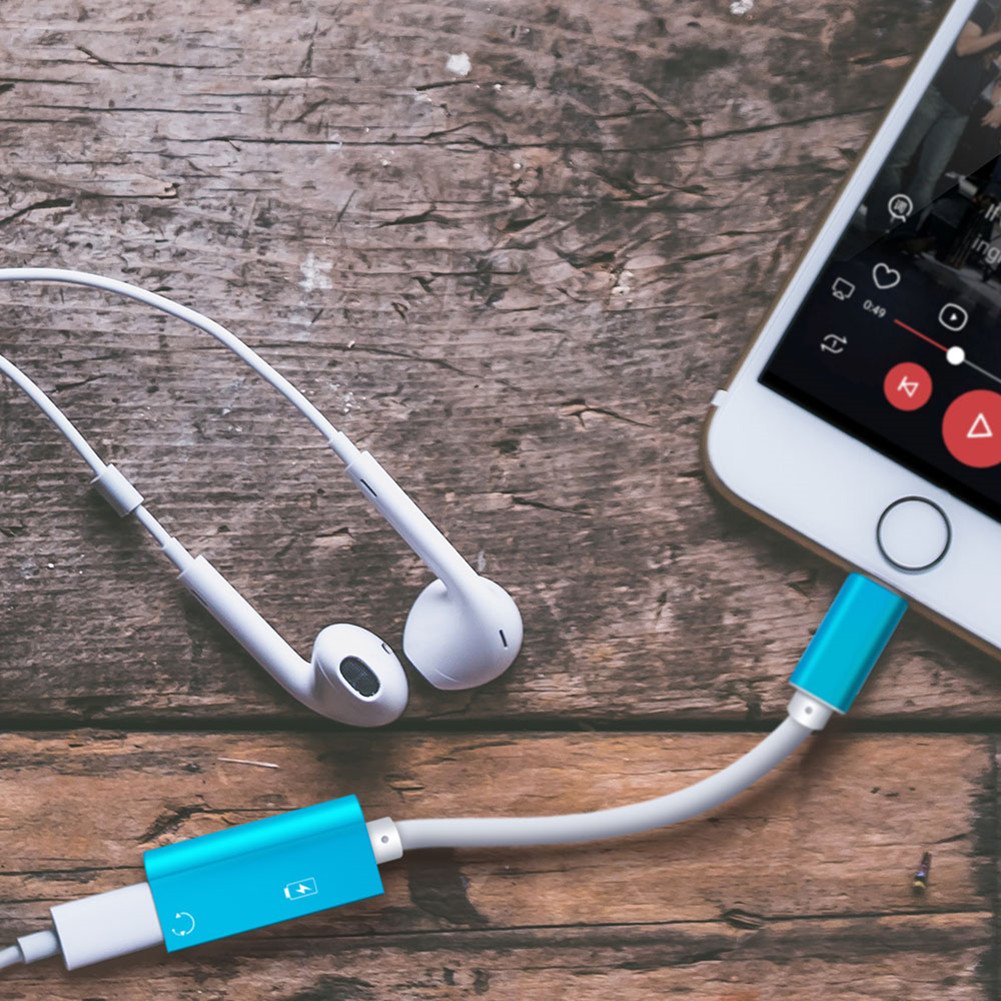 iPhone Dual Lightning Adapter Splitter - Power Trend 2 in 1 Earphone Adapter for iPhone X 7 8 Plus Headphone Jack Audio Music Calling Sync Charging Cable (Blue)