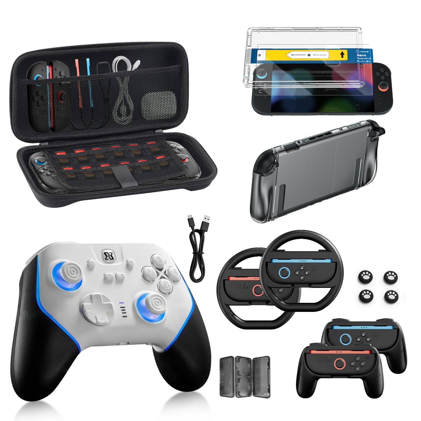 Pro Controller Accessories Bundle for Nintendo Switch 2, 17-in-1: Carrying Case, Screen Protector, Thumb Grip for Joycon, Dockable Console Protective Cover Shell, Steering Wheel, 2025 Switch2 Game Kit Image