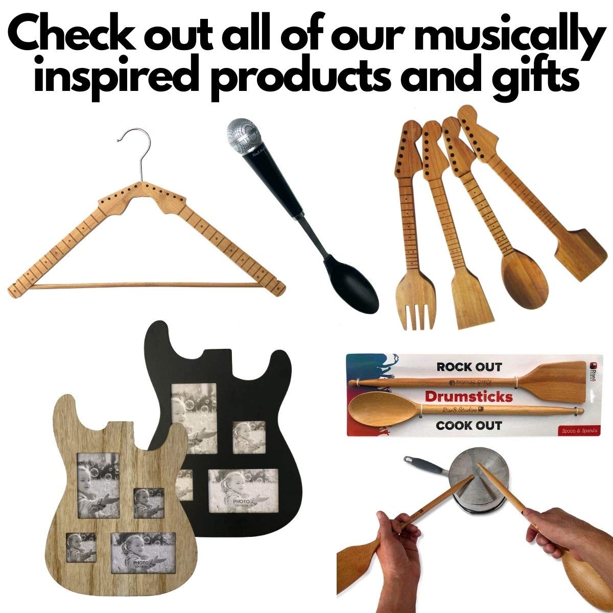 Rise8 Studios Guitar Bamboo Cooking Utensils Set (4-Piece) | Wooden Spoons and Spatulas | Fun Music Themed Kitchen Gadgets & Accessories | Unique Gift for Musicians, Guitar Players