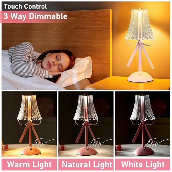 CHUNFUL BOW LAMP PLUGGED IN FOR WOMEN ROOM COQUETTE LAMP METAL TOUCH DESK DECOR 11.8 INCH TALL CUTE BEDSIDE LIGHT WITH SCALLOP SKIRT SHADE MODERN PRINCESS BEDROOM NURSERY DECORATION