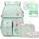 ACESAK Girls Backpack - Bento Box with Insulated Lunch Bag Pencil Case & Utensils Set for Kids, 6 Leakproof Compartments Removable Tray Lunches or Snack Container for School (Green)
