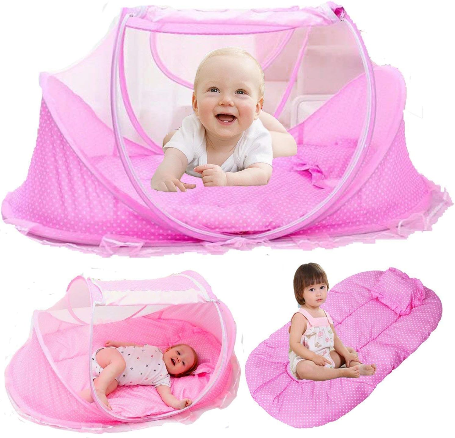 Kidsidol Mosquito Net Tent for Babies 4pcs Sweet Portable Type Comfortable Sealed Mosquito Net with Mattress Pillow Mesh Bag Suitable for Bedroom Home Outdoor Travel (Pink)