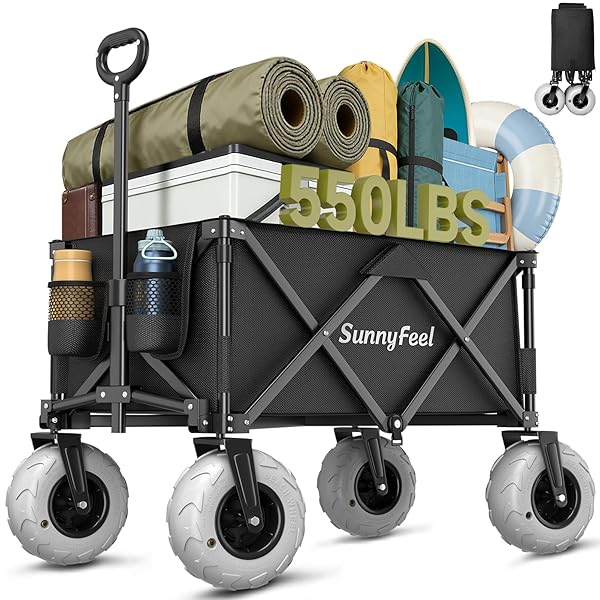 SUNNYFEEL 330LBS WAGONS CARTS FOLDABLE WITH EXTENDED TAILGATE,HEAVY DUTY COLLAPSIBLE FOLDING WAGON CARTS WITH WHEELS,LIGHTWEIGHT FOLD UP WAGON CART FOR OUTDOOR CAMPING BEACH GARDEN GROCERY(BLUE)