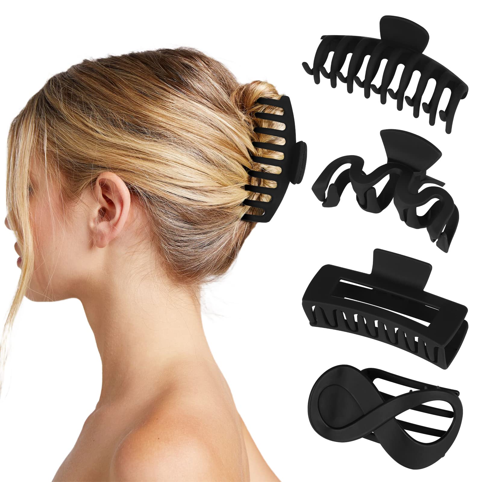4 Pcs Hair Clips Women, Claw Clips For Thick Hair, Large Hair Claw Clips, Non-Slip Strong Hold Hair Clip For Women Girls Thick Thin Hair, Black Matte Claw Clip