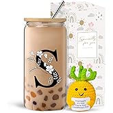 fcaylo Monogrammed Initial Glass Cup with Lids and Straws, Personalized Gift Set with Doll, 16 Oz Ice Coffee Cup for Women, Birthday Christmas Mothers Day Gift for Her, S