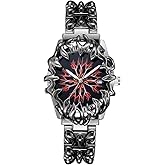 GORBEN Men's Gothic Steampunk Wristwatch - Stainless Steel Band Retro Black Red Flame Analog Quartz Watch, Cool Alien-Inspired Casual Hip Hop Y2K Vintage Male Timepiece