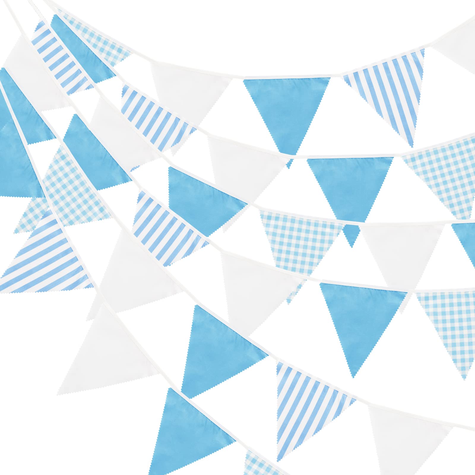 G2PLUS 12M Blue and White Stripe Fabric Bunting - 42PCS Cloth Gingham Bunting - Cotton Stripe Banner Pennant - Large Triangle Garland Banner for Kid's Bedroom Playhouse, Easter Garden Party Decor