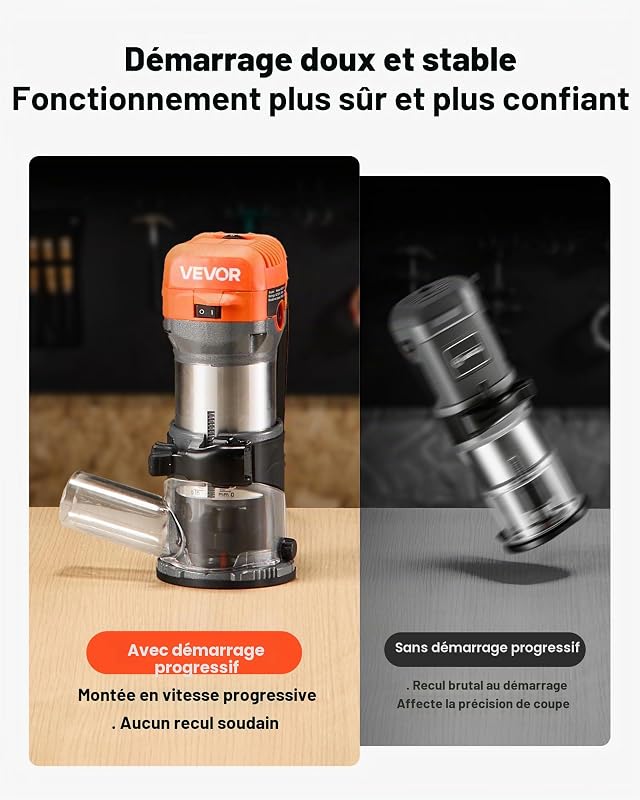 Affleureuse 710 W Défonceuse Compacte 6 Vitesses Variables pour Travail du Bois, Finition, Bricolage, avec Démarrage Progressif, Base Fixe, Capot d'Aspiration Poussière, Guide Parallèle, Filaire