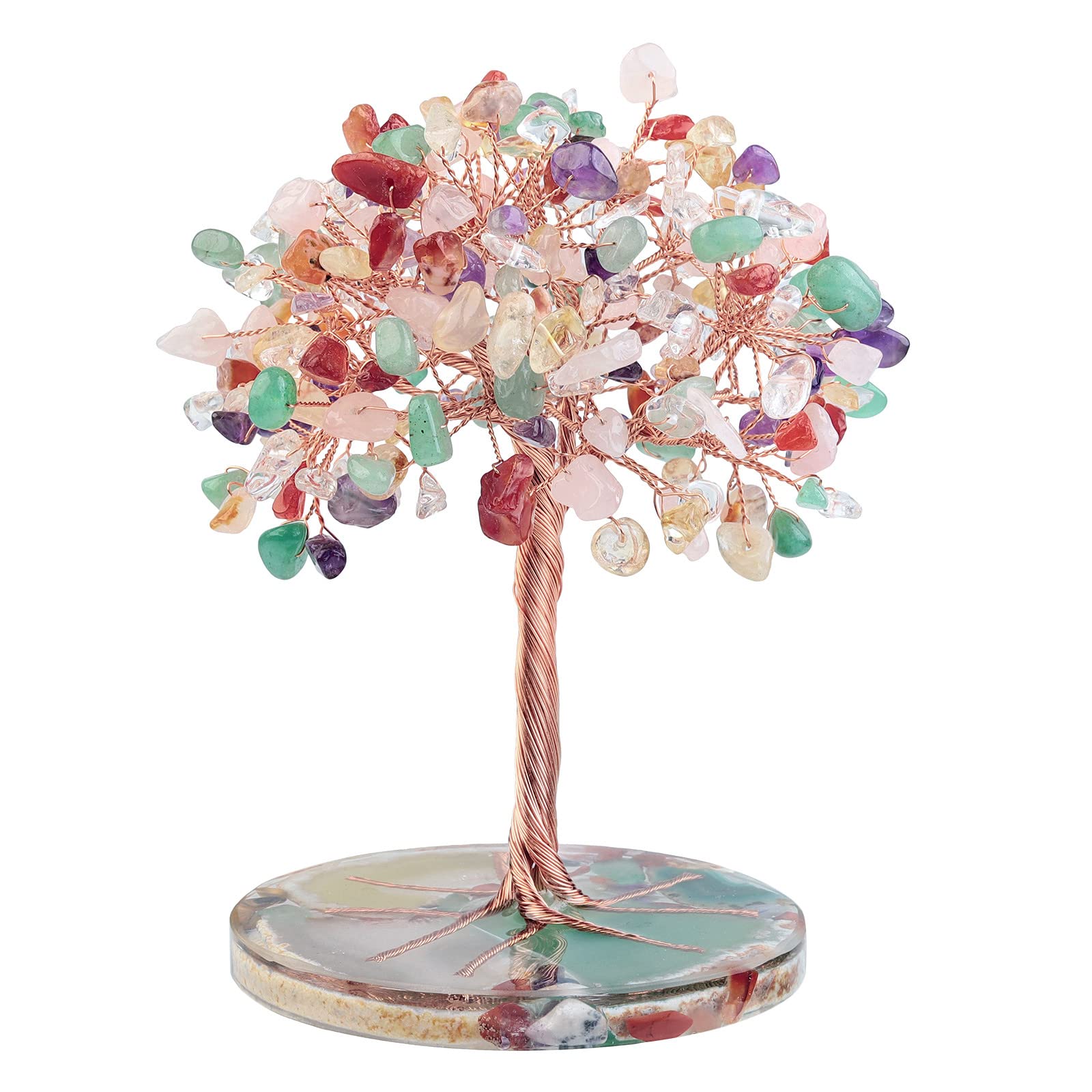 Nupuyai 7 Chakra Crystal Money Tree with Agate Slice Base, Energy Healing Stone Tree Good Luck Fengshui Spiritual Ornament Home Office Decor