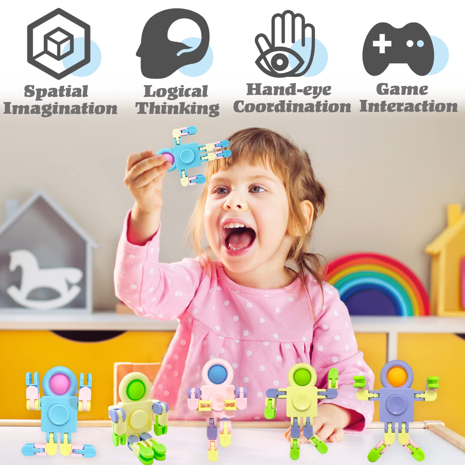 20 Pcs Funny Sensory Fidget Toys,Transformable Chain Robot Finger Toy,Stress Relief Fingertip Gyro Toys for Party Favors,Gifts,Classroom Supplies Prizes