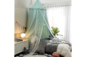 VETHIN Bed Canopy for Kids with Lights,Double Layer Princess Round Dome Children Dreamy Mosquito Net Bedding Girls Room Castle Play Tent Hanging House Decor Reading Nook Canopies(Green/White)