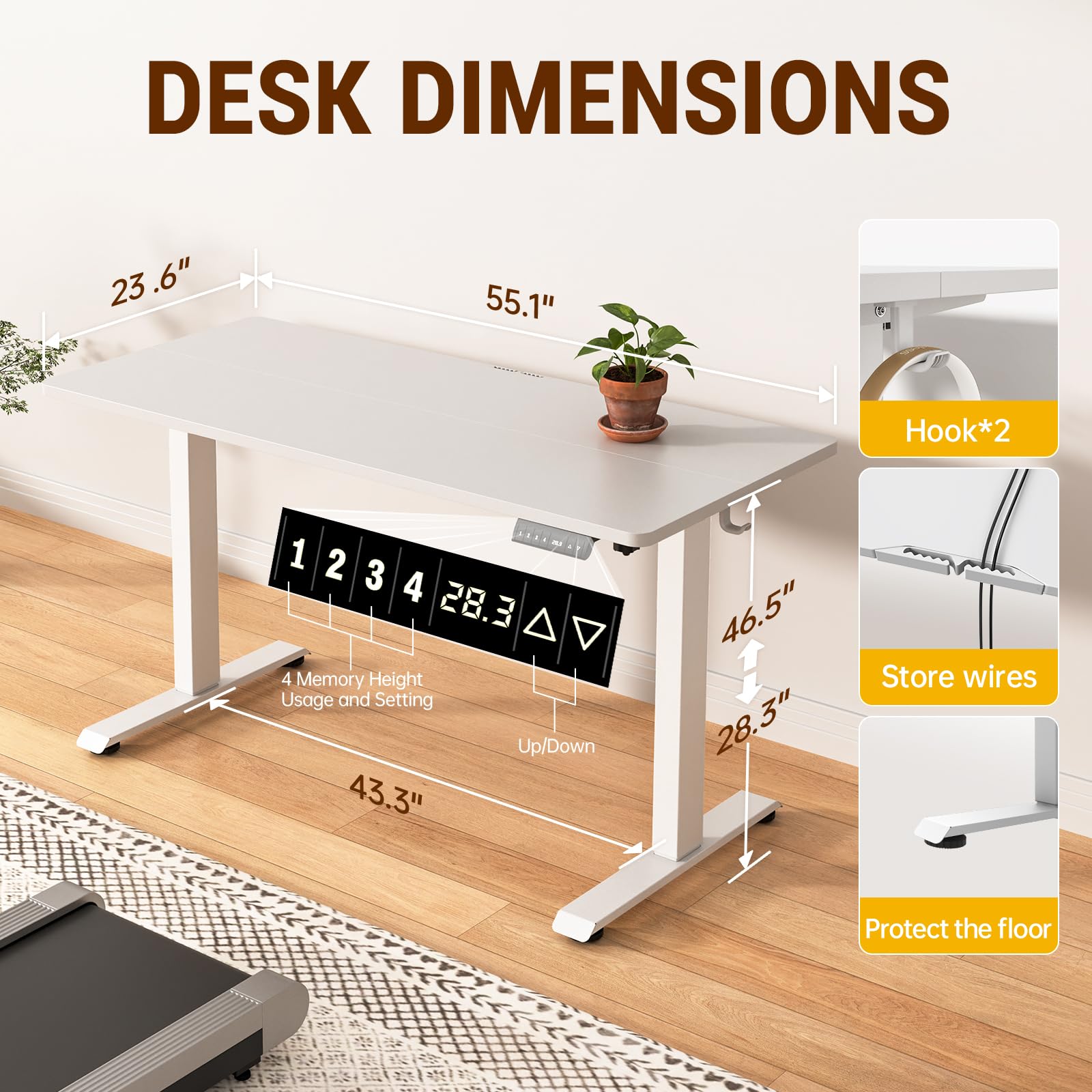 Veken 55 Inch Large Electric Standing Desk,Sit to Stand Up, Heights Adjustable, Work Home Office Computer Table for Study, Walking Pad, Writing, and Games, Wooden Desktop Desks, White