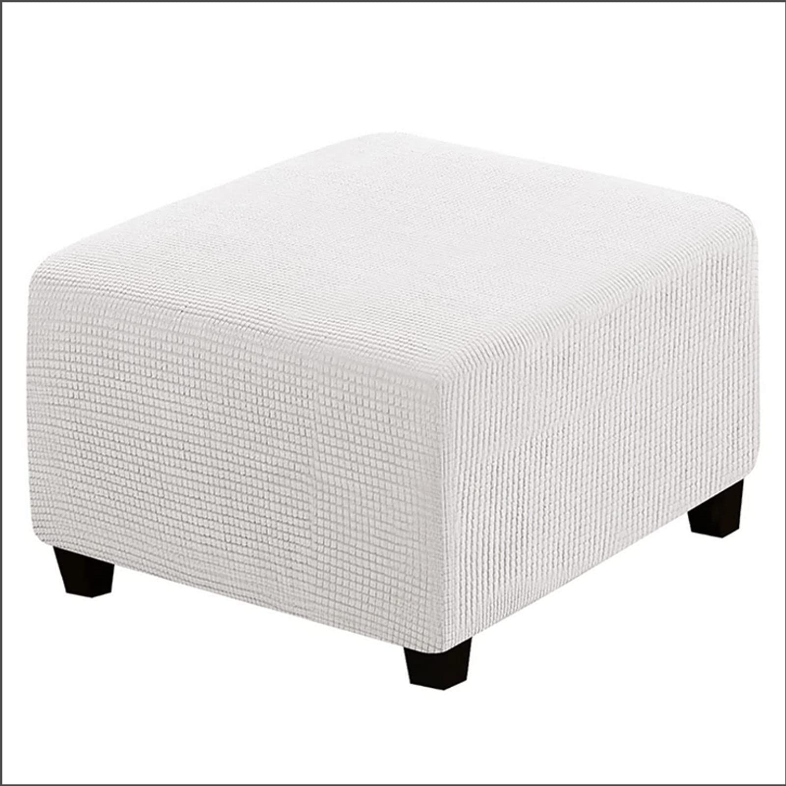 qiden Square Footstool Cover Stretch Ottoman Cover Plush, 10% Thicker Large Stretch Pouffe Cover Anti-Slip Foot Stool Jacquard Slipcovers With Elastic Bottom, Machine Washable-Ivory White-Large