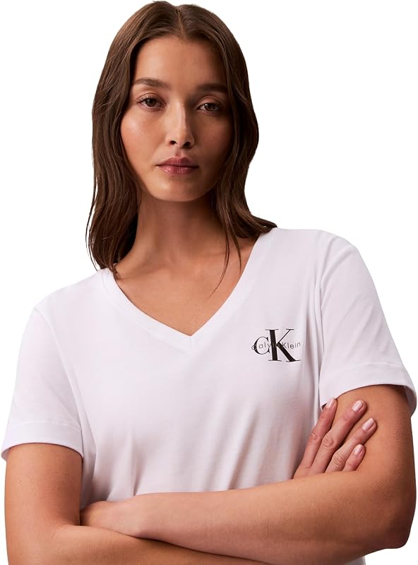 Damen 2er Pack T-Shirts Kurzarm Logo Tee mit V-Ausschnitt, Mehrfarbig (Adrenaline Rush/Brilliant White), S