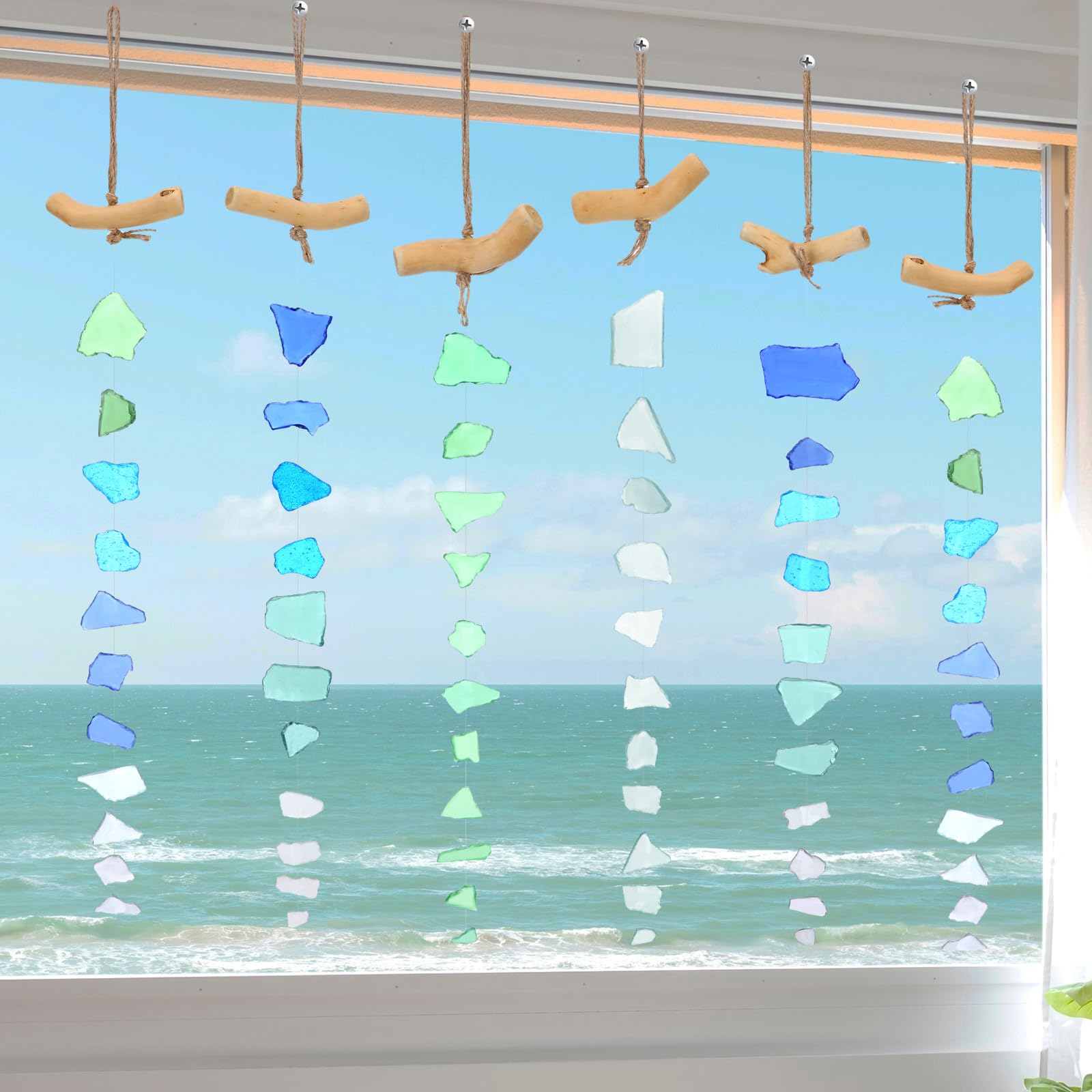 Photo 1 of Weysat 6 Pcs Sea Glass Wind Chimes for Outside, Beach Wind Chimes with Wooden Hanger, Boho Gifts for Mom Women, Hanging Beachy Decor for Home Wall Outdoor Garden, Ocean Themed Decorations