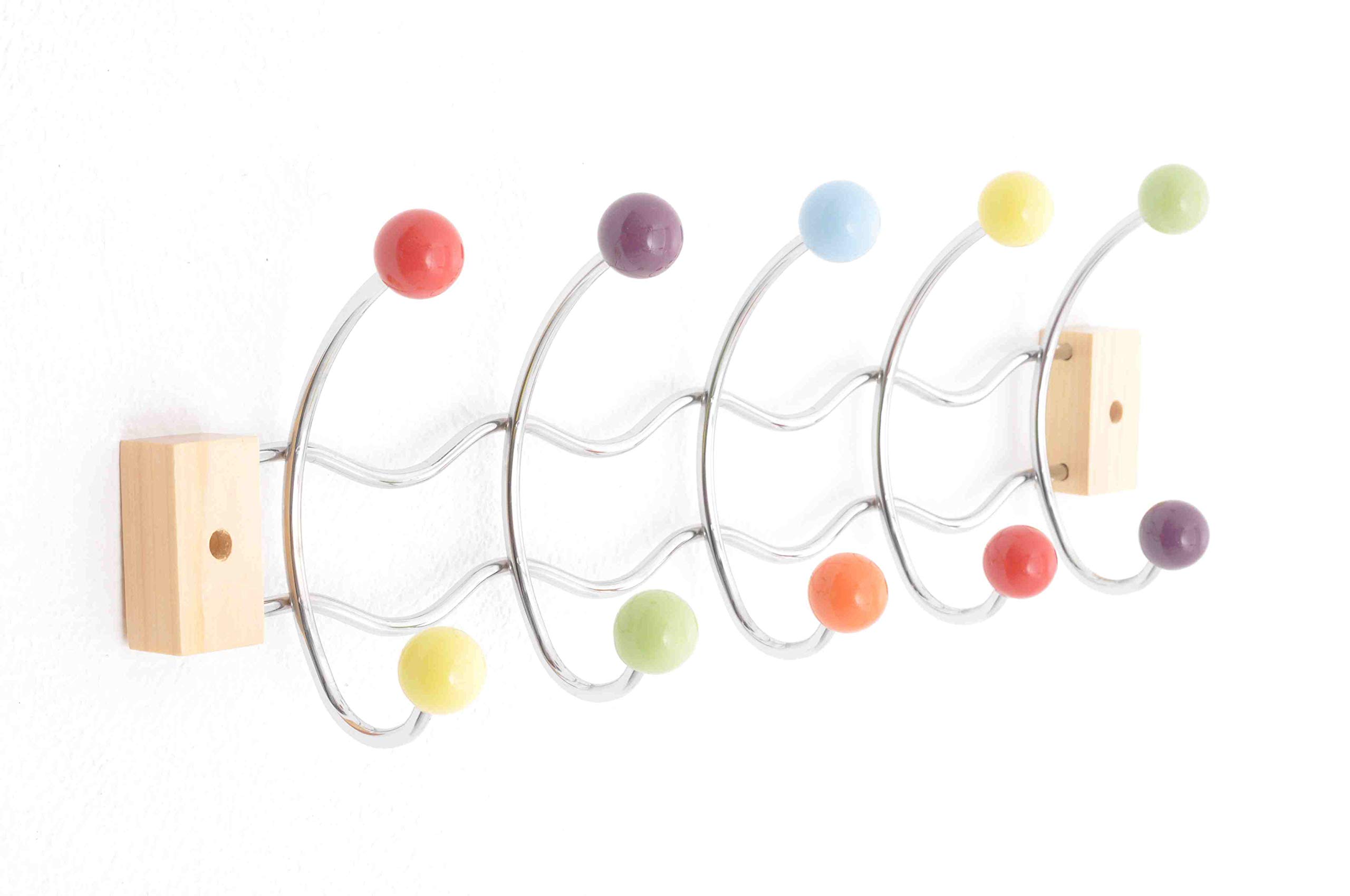 ASPECT Deluxe Wall-Mounted Hook/Coat Hanger-10 Hooks.Chrome Finish Frame & Multi-Color Ceramic Balls, Metal, Multi