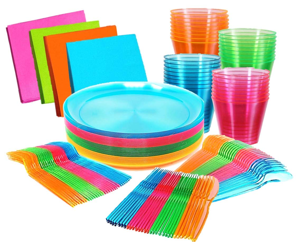 Kedudes Neon Glow Party Supplies, Serves 32 - Hard Plastic Disposable Party Neon Plates, Napkins, Neon Cups Tumblers, Cutlery - Forks, Knives, Spoons - Neon Party Decorations - Fiesta Party Supplies Image
