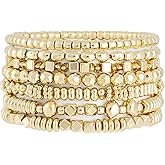 Sajidos Gold Plated Beaded Bracelets for Women Trendy, 14K Gold Plated Stack Cross Pearl Gold Plated Bead Stretch Bracelets Set Elastic Hypoallergenic Bracelets Jewelry Gifts