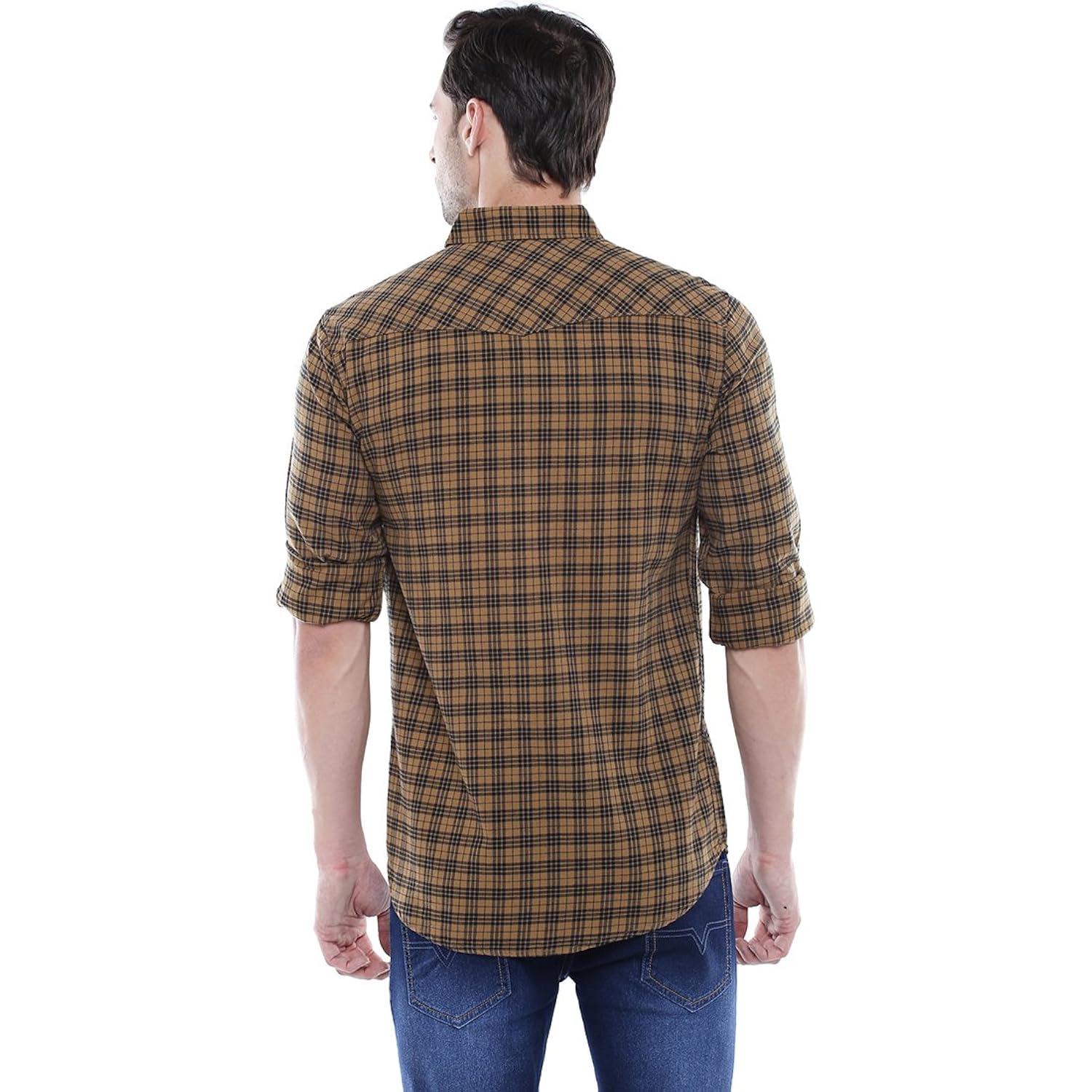 dennis lingo men's checkered mustard slim fit casual shirt