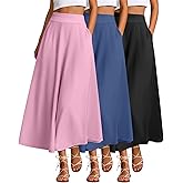Ficerd 3 Pack Women's Maxi Long Skirts with Pockets, A Line Ankle Length High Waisted Flowy Soft Summer Casual Skirts