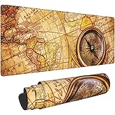 Vintage Compass Lies on Ancient World Map Extended Gaming Mouse Pad Large Desk Mat with Non-Slip Rubber Base and Stitched Edges,Keyboard Mouse Mat Desk Pad for Work,Game,Office,Home 35.4 * 15.7 Inch