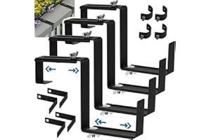 VINAZONE Window Box Bracket, Adjustable Planter Box Bracket, Flower Box Bracket for Railing, No Drill Flower Box Holder, Railing Planter Bracket, Planter Box Bracket for Deck Railing - 2 Pairs - Black