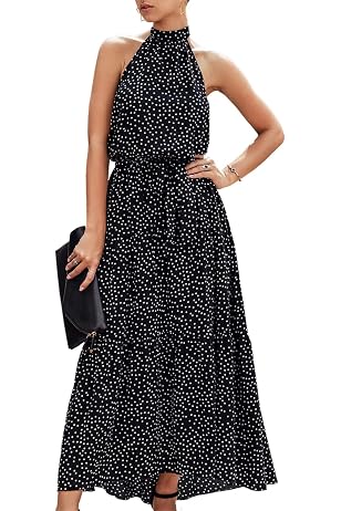 Women's Casual Halter Maxi Dress With Pockets - Tiered, Vacation, Beach Dress