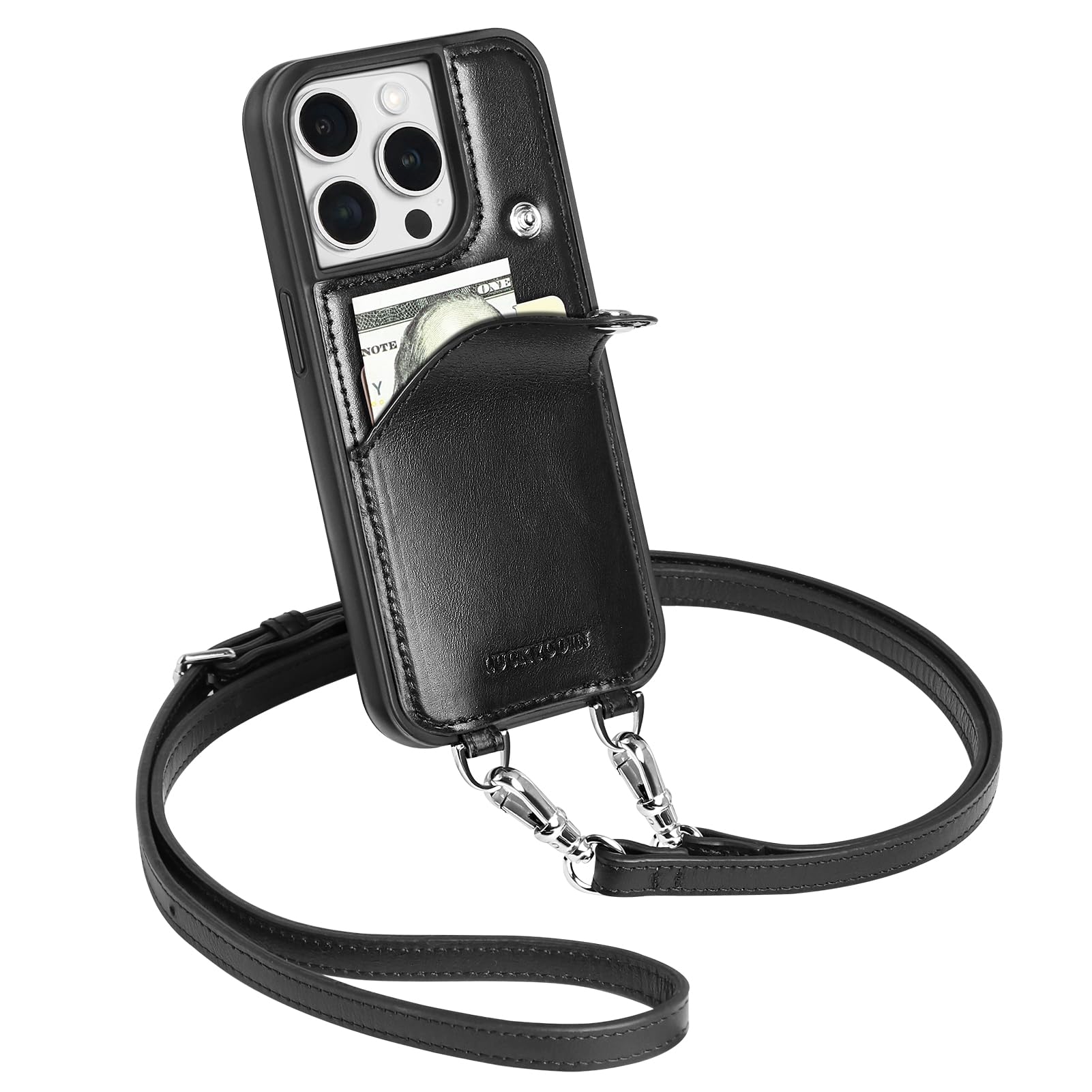 LUCKYCOIN Crossbody Wallet Phone Case for iPhone 15 Pro,100% Genuine Leather Phone Purse Case for Women,with Expandable Card Holder,with Adjustable & Removable Strap Retro Black