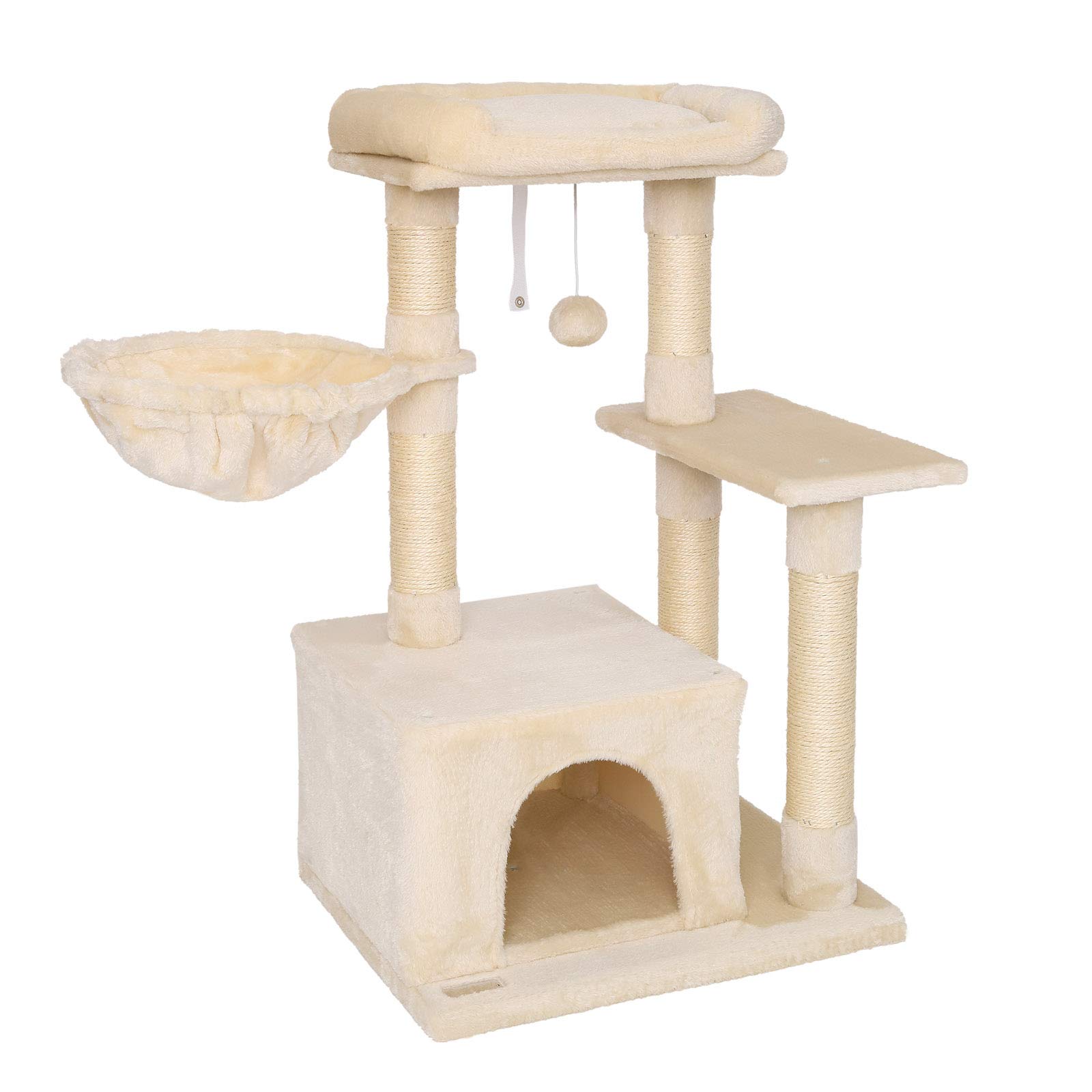 lionto Cat Scratching Post with Plush Ball and Lounger Height 85 cm Cat Tree with Sisal & Plush, Cosy Lying Surface & Cave, Includes Wall Bracket, Suitable for Small and Large Cats, Beige