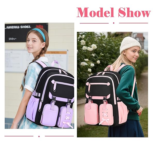 TYHOTULY 3PCS CUTE AESTHETIC GIRLS BACKPACK WITH LUNCH BOX PENCIL CASE SET, ELEMENTARY MIDDLE HIGH SCHOOL STUDENT BOOK BAG FOR KIDS TEENS, LARGE CAPACITY KAWAII PREPPY BOW TIE BOOKBAG