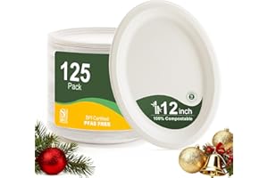 WELLIFE 100% Compostable Oval Paper Plates 12 Inch, 125-Pack Large Heavy Duty Paper Plates Bulk,Biodegradable Bagasse,Eco-Friendly Disposable Dinner Plate for BBQ,Picnic,Party (BPI Certified,Microwaveable)