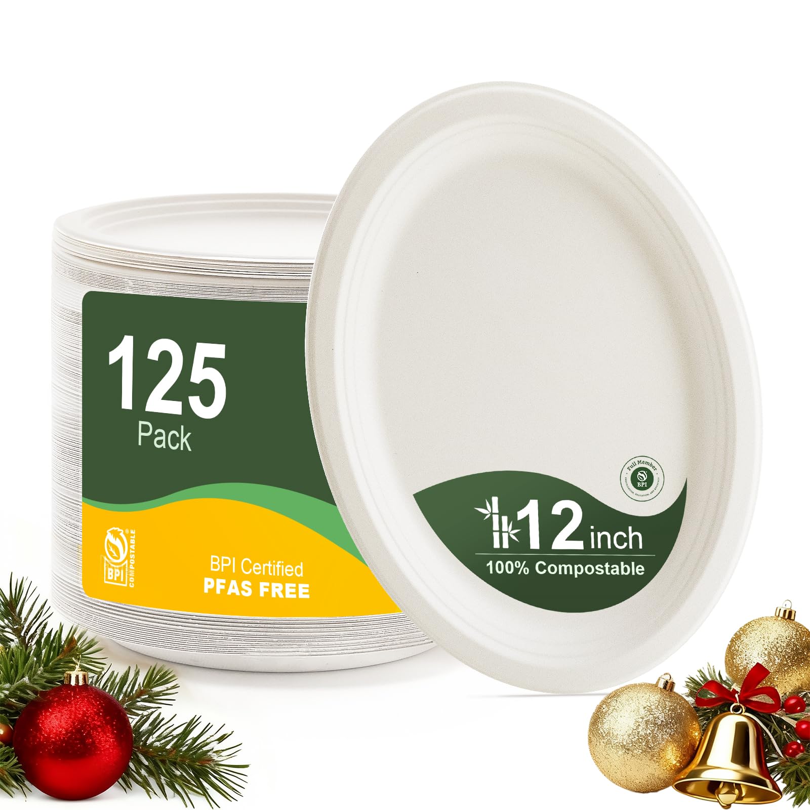 Photo 1 of 100% Compostable Oval Paper Plates 12 Inch, 125-Pack Large Heavy Duty Paper Plates Bulk,Biodegradable Bagasse,Eco-Friendly Disposable Dinner Plate for BBQ,Picnic,Party (BPI Certified,Microwaveable)