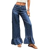 MakeMeChic Women's Wide Leg Jeans Mid Waist Ruffle Hem Denim Pants with Pocket
