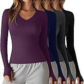 Oakgarden 4 Pack Women's Compression Yoga Shirts with Thumb Holes Slim Fit Long Sleeve V Neck Tops Workout Gym Athletic Top