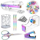 Famassi Dream Color Acrylic Stapler and Tape Dispenser Set, Office Supplies with Tape Dispenser, Stapler Remover, 2 Ballpoint Pen, Scissor, Binder Clips, Paper Clips and 1000pcs Staples