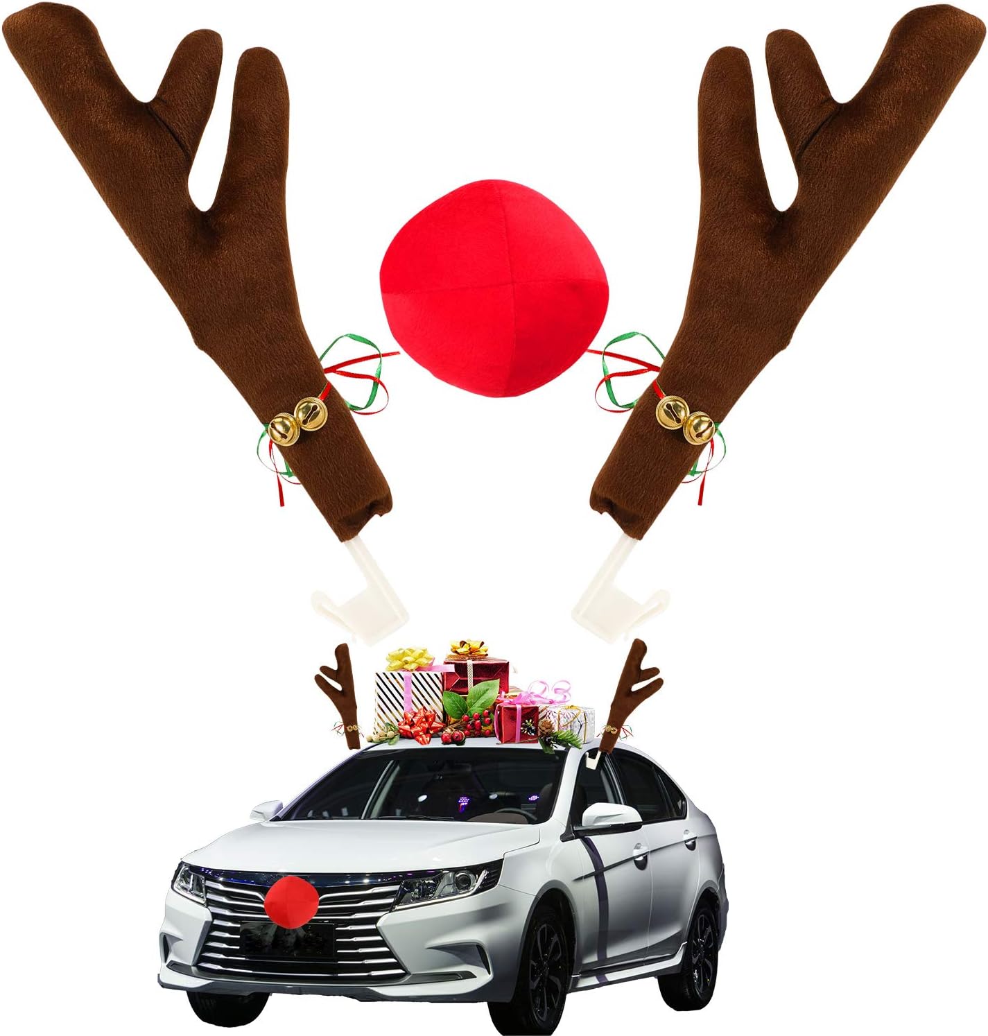 HOWAF Reindeer Antlers for Car Decoration, Christmas Reindeer Rudolf Antlers Nose for Christmas Car Decoration, Christmas Funny Vehicle Auto Car Accessories Gifts for Him, with Jingle Bells
