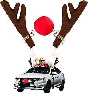 HOWAF Reindeer Antlers for Car Decoration, Christmas Reindeer Rudolf Antlers Nose for Christmas Car Decoration, Christmas Funny Vehicle Auto Car Accessories Gifts for Him, with Jingle Bells