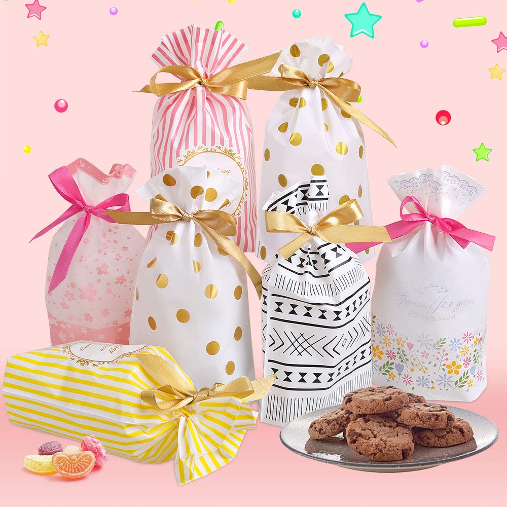 Anpro Sweet Bags Cookie Candy Bag 60pcs - 24x15cm Party Bags with Ribbon in 6 Different Pattern, Birthday Party Favor Bags Wedding Supplies