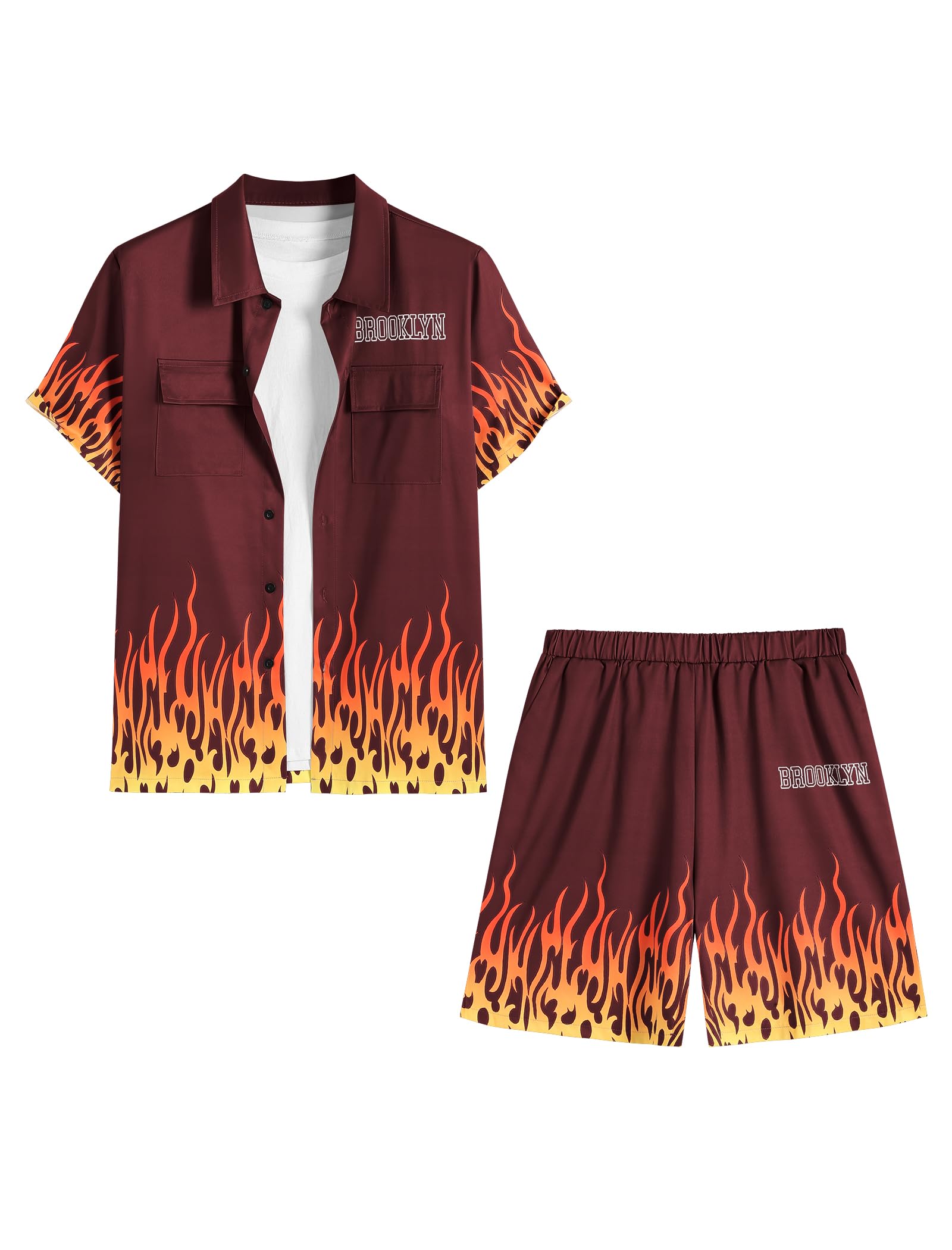 Photo 1 of **ONLY SHORTS***ZAFUL Men's 2 Piece Outfits 3D Graphic Print Short Sleeve Button Down Hawaiian Flames Shirt Shirt and Shorts Set