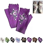 Firtideti Women's Hand Embroidered Knitted Flower Fingerless Gloves, Purple, One Size