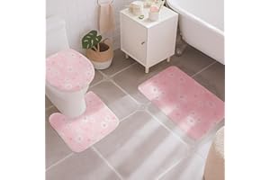 Tinideya 3 Piece Bathroom Rugs Set Pink Daisy Soft Bath Mat Contour Rug & Toilet Lid Cover Non-Slip Floor Carpet Washable Bathroom Decor