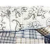 Cozy Line Home Fashions Benjamin Cute Dinosaur Plaid Navy Blue White Grey Bedding Quilt Set 100% Cotton Reversible Coverlet Bedspread Set for Kids Boy(Twin - 2 Piece)