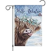 Wodison Hello Winter Cow Garden Flag 12x18 Inch Double Sided, Burlap Snow Highland Cattle Winter Garden Flag for Outside Farmhouse Yard Decoration