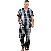 Vulcanodon 100% Cotton Mens Pajamas Set, Lightweight Button Up Mens Sleepwear
