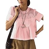 D Pastizales Women's Elegant Babydoll Style Lace Shirt Flared Swing Top with Sheer Mesh Lace Back Tunic Top（pink，m）