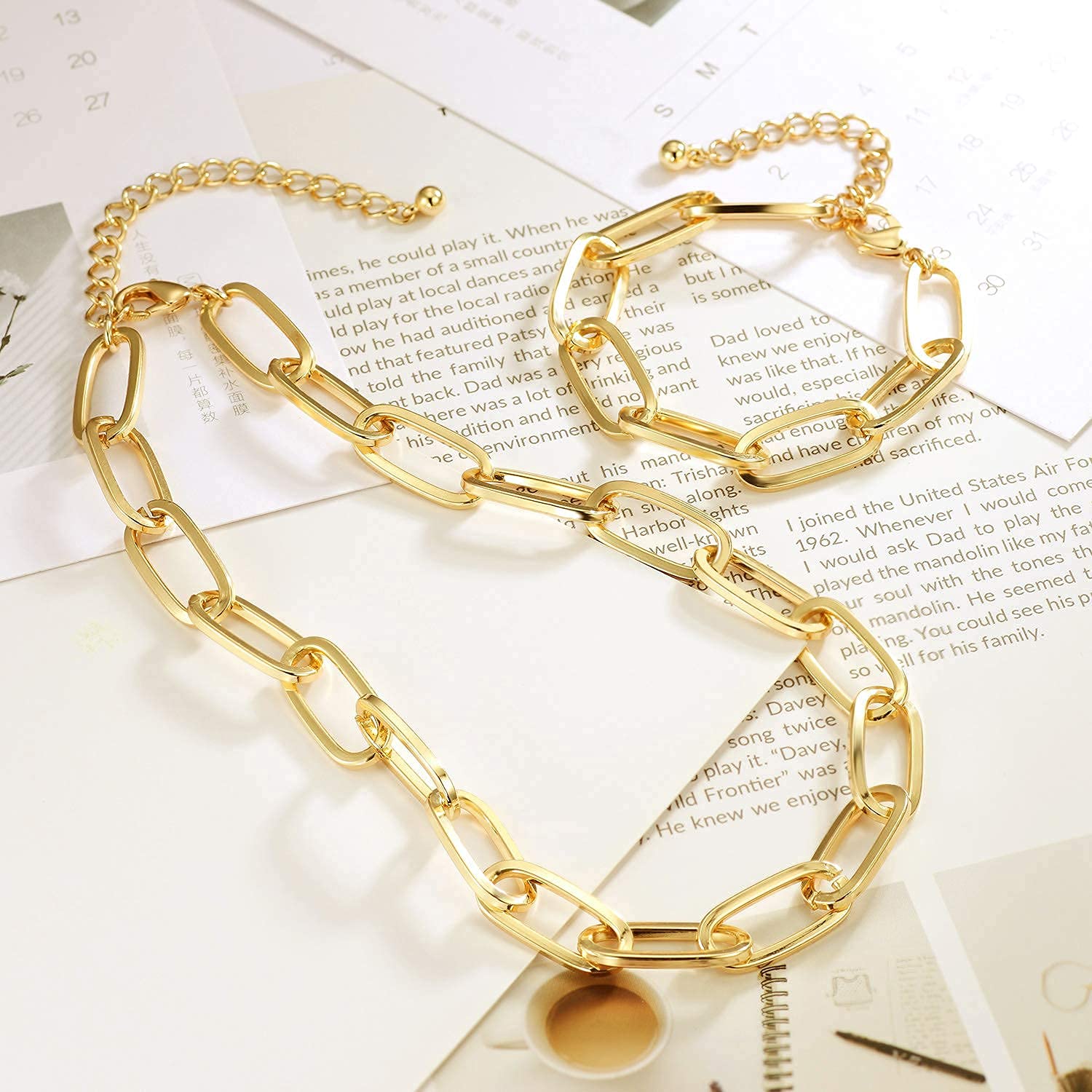 LANE WOODS Gold Chain Necklace and Bracelet for Women Ladies Dainty and Chunky Chain Link Paperclip Jewelry Set