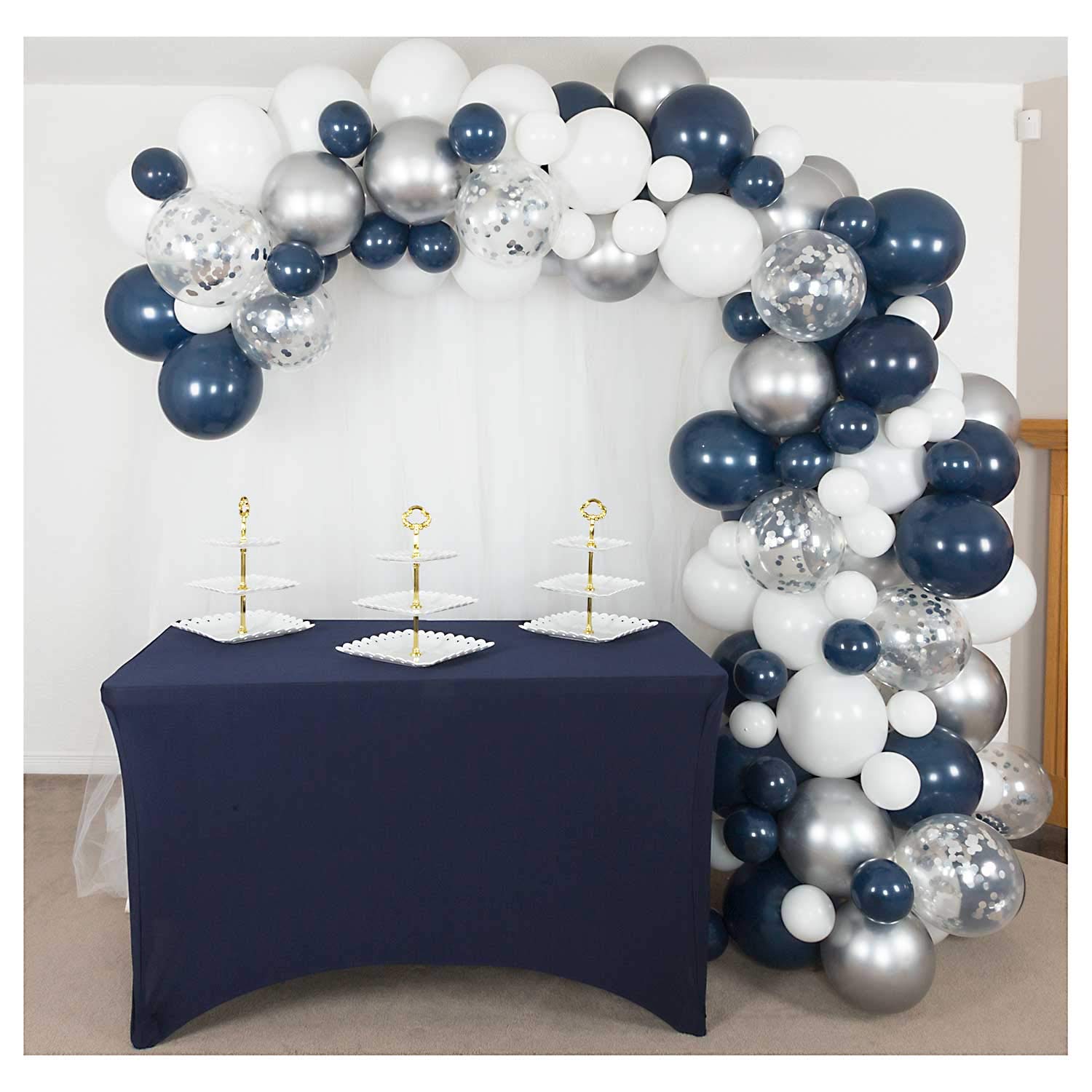 Shimmer and Confetti 162 Pack Premium Navy Blue, Silver, White Balloon Arch and Garland Kit with Chrome Silver, Confetti, Tape, Tying Tools. Graduation Party Supplies and Decorations