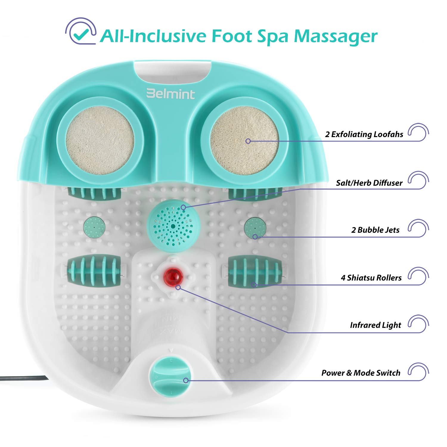 Belmint Home Foot Spa Bath Massager - All in 1, Automatic Water Jets, Bubble Massaging with 2X Loofahs for Scrubbing, Bath Salt Holder - Soak Your Feet, Deep Stress Relief Feet Tub: Beauty