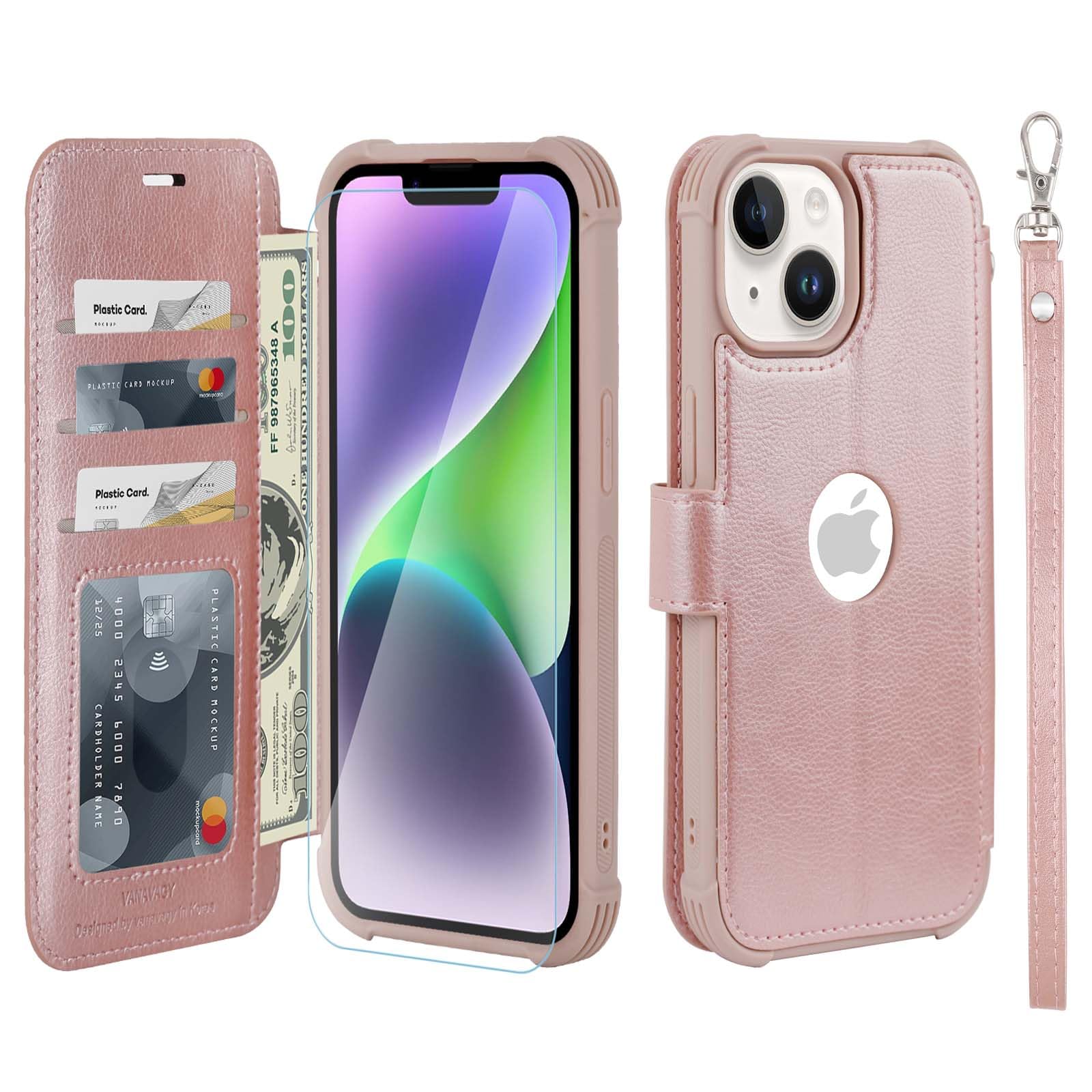 VANAVAGY Compatible for iPhone 13/14 Wallet Case, 12ft Drop Protection, RFID Blocking PU Leather Flip Cover, Card Holder & Kickstand, Shockproof Phone Case for 13/14-6.1 Inch,Rose Gold