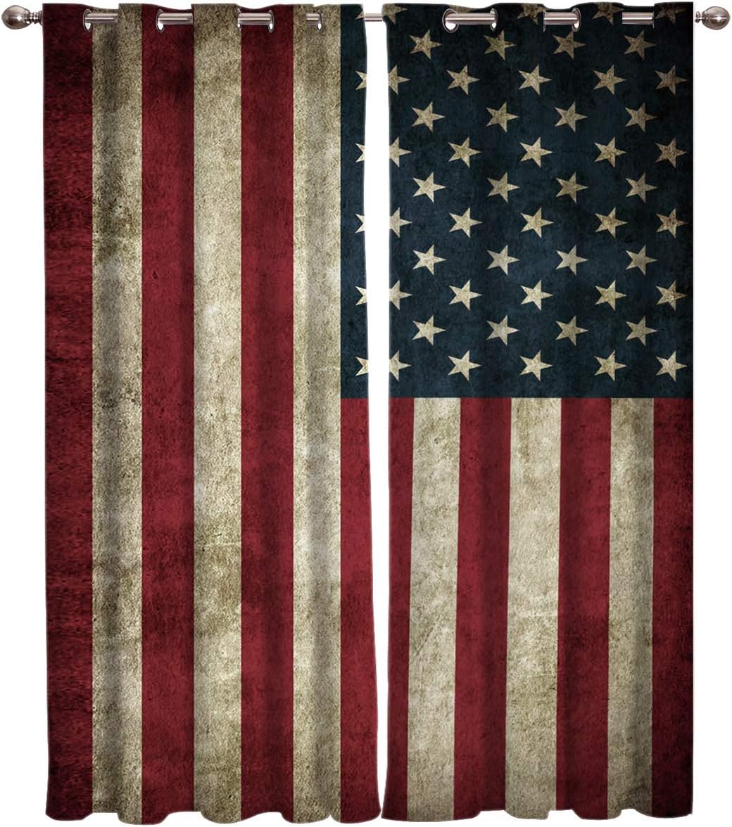 American Flag Window Curtains with Gromments Kitchen Drapes 80" W x 63" L, Retro American with Stars and Stripes USA Flag Pattern, 2 Panels Window Treatment Drapes for Bedroom/Bathroom/Office